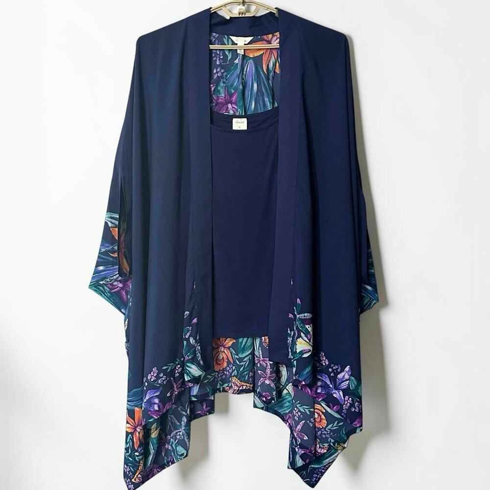 Soma Chiffon Wrap Kimono Robe & Camisole Tank Top Set Womens XL Navy Floral